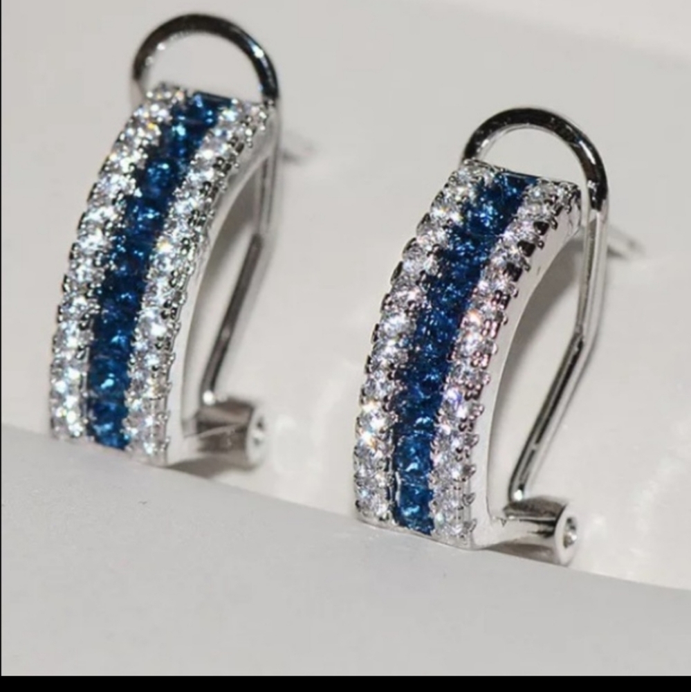 Sterling silver Blue&White Diamond stud earrings - Picture 1 of 3